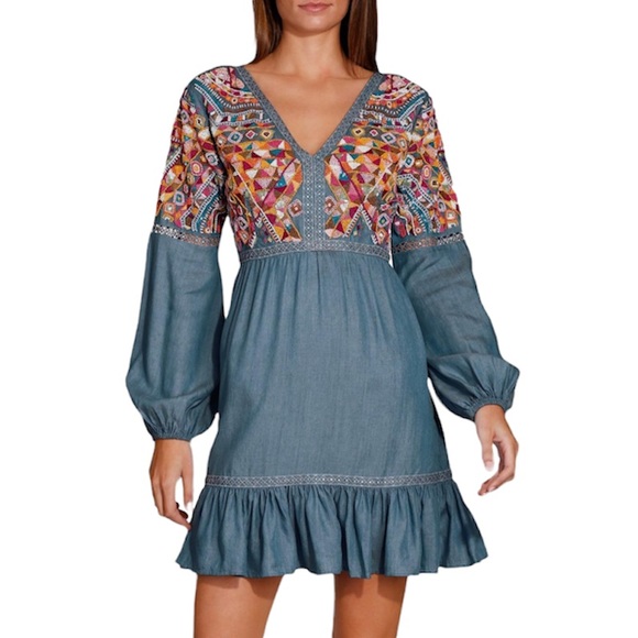 Boston Proper Gorgeous Beaded Chambray Dress 0 - Picture 1 of 16